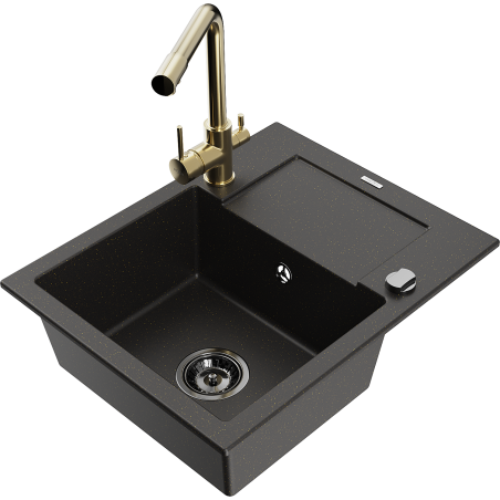 Mexen Enzo granite 1-bowl kitchen sink with drainer and kitchen faucet Duero, black/gold metallic - 6506-75-671600-50-B