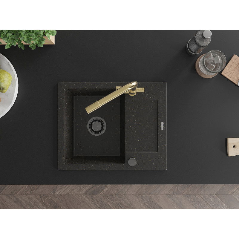 Mexen Enzo granite sink 1-bowl with drainer and Duero kitchen tap, black/gold metallic - 6506-75-671600-50-B