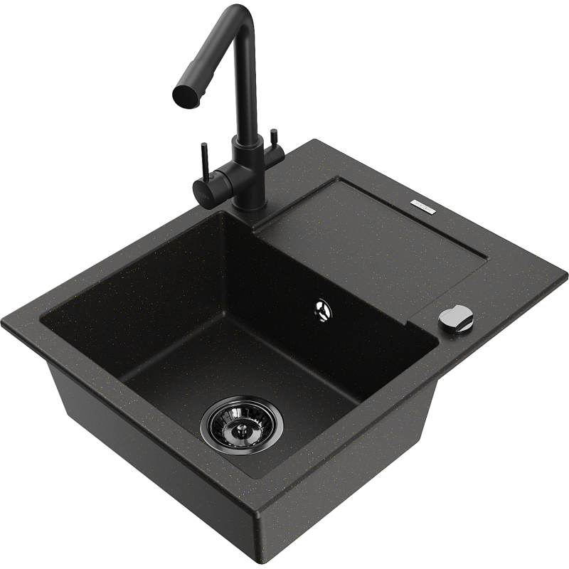 Mexen Enzo 1-bowl granite sink with drainer and Duero kitchen tap, black/gold metallic - 6506-75-671600-70-B