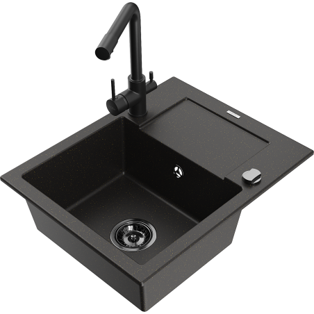 Mexen Enzo single-bowl granite sink with drainer and Duero kitchen faucet, black/gold metallic - 6506-75-671600-70-B