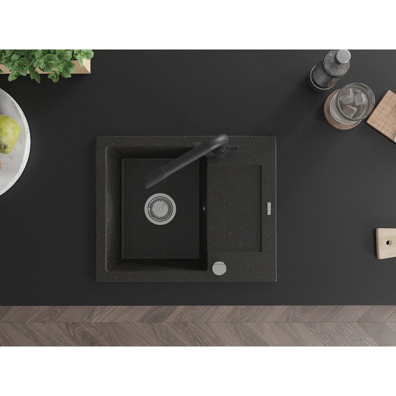 Mexen Enzo granieten gootsteen met 1 kom en afdruipplaat en keukenmengkraan Duero, zwart/goud metallic - 6506-75-671600-70
