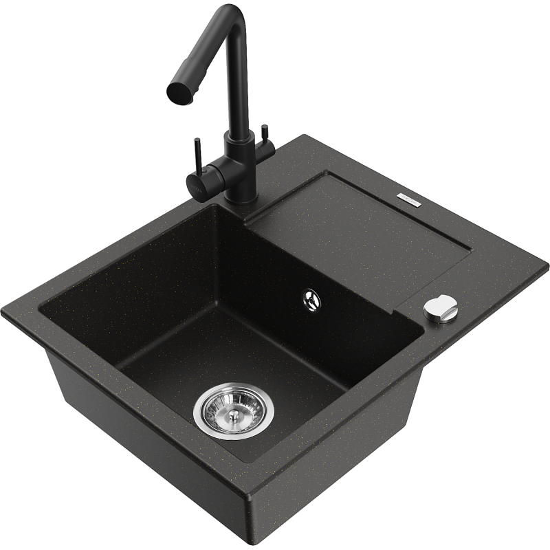 Mexen Enzo évier de cuisine en granit 1 bac avec égouttoir et robinet de cuisine Duero, noir/doré métallisé - 6506-75-671600-70