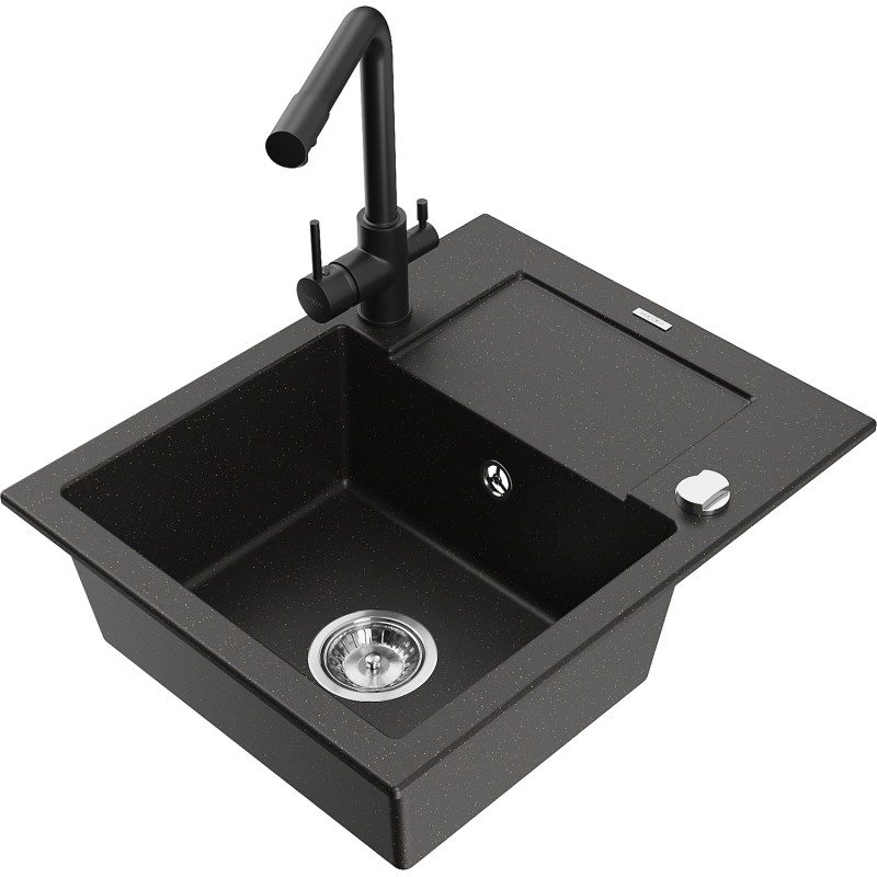 Mexen Enzo fregadero de granito de 1 seno con escurridor y grifo de cocina Duero, negro/metalizado dorado - 6506-75-671600-70