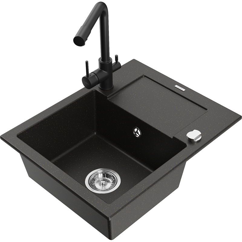 Mexen Enzo lavello in granito a 1 vasca con sgocciolatoio e rubinetto da cucina Duero, nero/oro metallizzato - 6506-75-671600-70