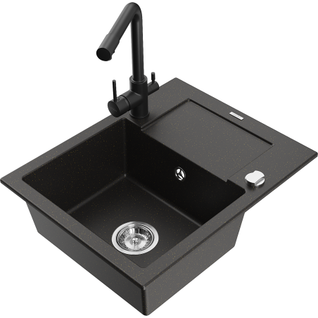 Mexen Enzo fregadero de granito de 1 seno con escurridor y grifo de cocina Duero, negro/dorado metálico - 6506-75-671600-70