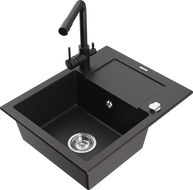 Mexen Enzo granite kitchen sink 1-bowl with drainer and Duero kitchen faucet, black/gold metallic - 6506-75-671600-70