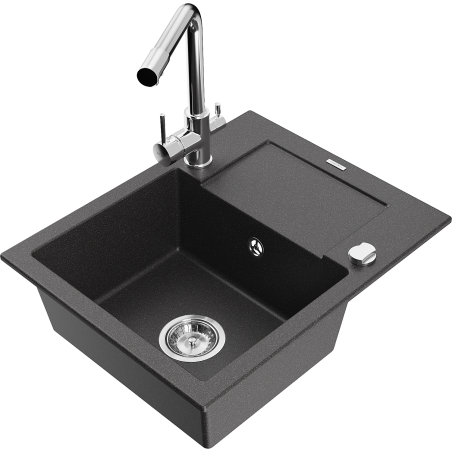 Mexen Enzo Granitspüle 1-Becken mit Abtropffläche und Küchenarmatur Duero, schwarz gesprenkelt - 6506-76-671600-00