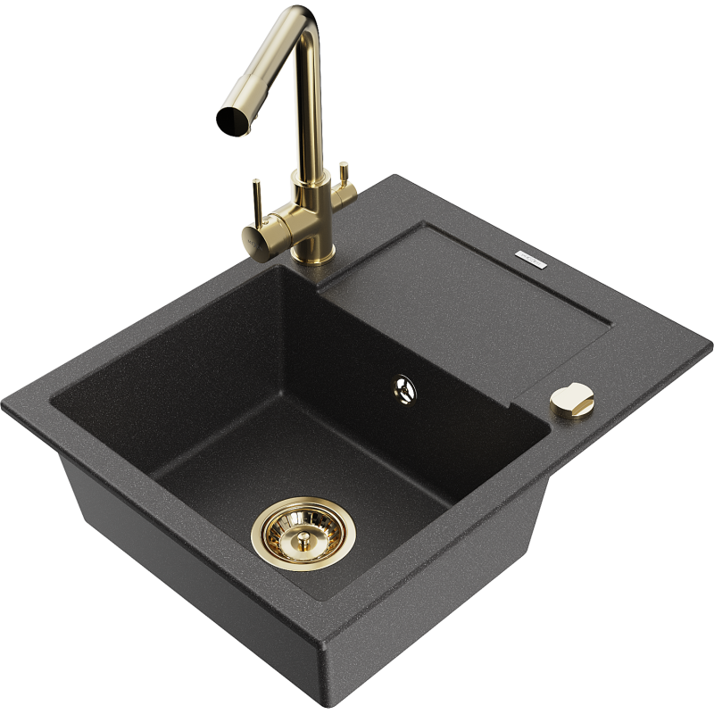 Mexen Enzo fregadero de granito de 1 cubeta con escurridor y grifo de cocina Duero, negro moteado - 6506-76-671600-50