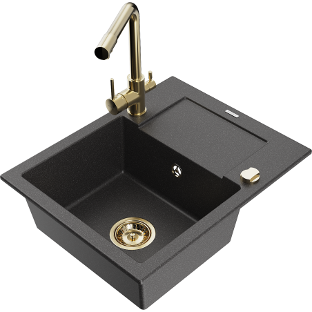 Mexen Enzo 1-bowl granite sink with drainer and Duero kitchen faucet, speckled black - 6506-76-671600-50