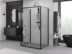 Mexen Exo-3S trīssienu dušas kabīne, bīdāmās durvis, 150 x 85 cm, caurspīdīga, melna - 8151-150-085-70-00-3S