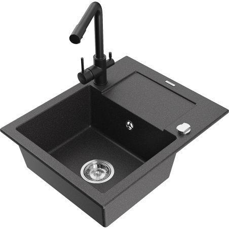 Mexen Enzo 1-bowl granite sink with drainer and Duero kitchen tap, speckled black - 6506-76-671600-70