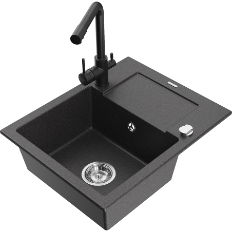 Mexen Enzo single-bowl granite sink with drainer and Duero kitchen faucet, black speckled - 6506-76-671600-70