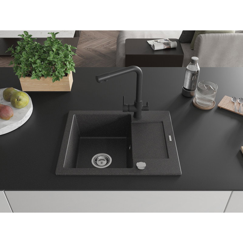 Mexen Enzo 1-bowl granite sink with drainer and Duero kitchen tap, speckled black - 6506-76-671600-70