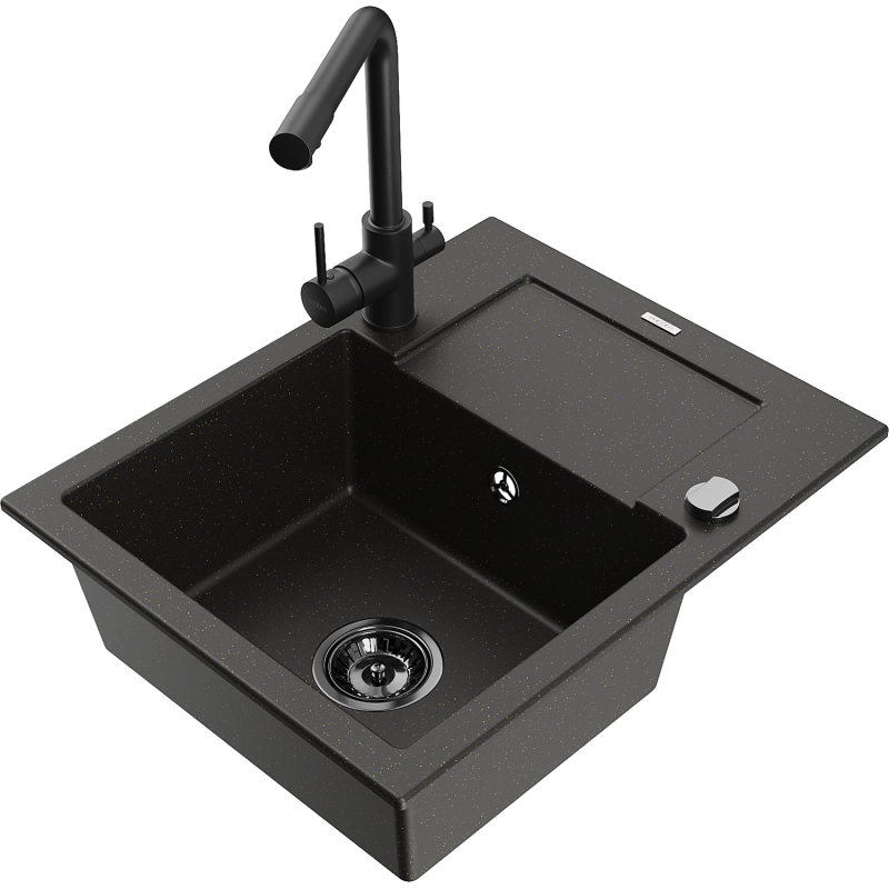 Mexen Enzo fregadero de granito de 1 seno con escurridor y grifo de cocina Duero, negro moteado - 6506-76-671600-70-B