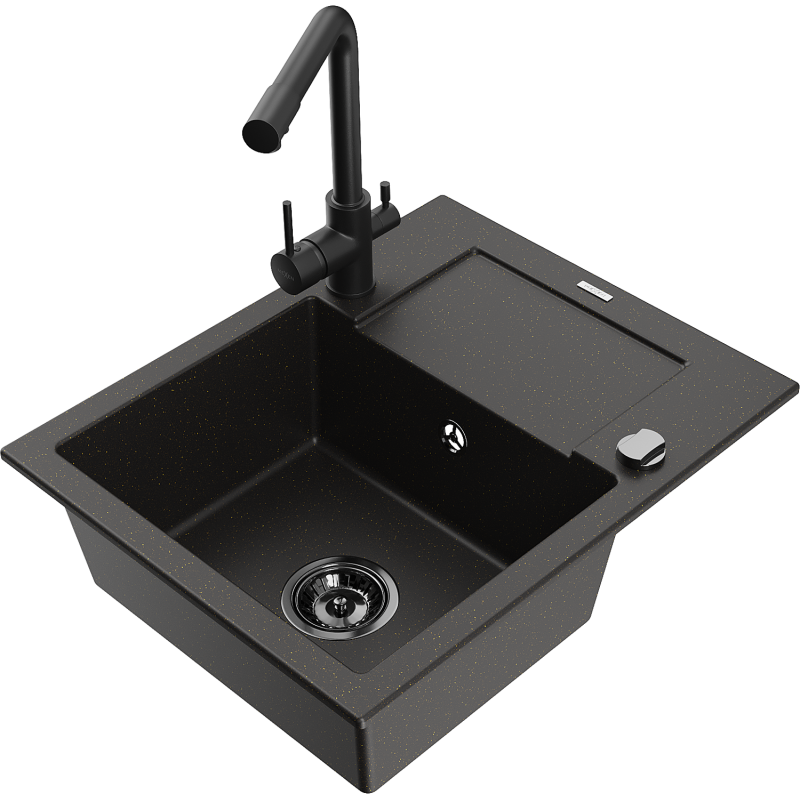 Mexen Enzo lava-louça em granito de 1 cuba com escorredor e torneira de cozinha Duero, preto salpicado - 6506-76-671600-70-B