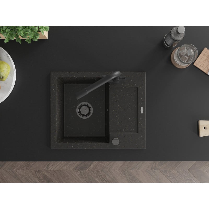 Mexen Enzo fregadero de granito de 1 seno con escurridor y grifo de cocina Duero, negro moteado - 6506-76-671600-70-B