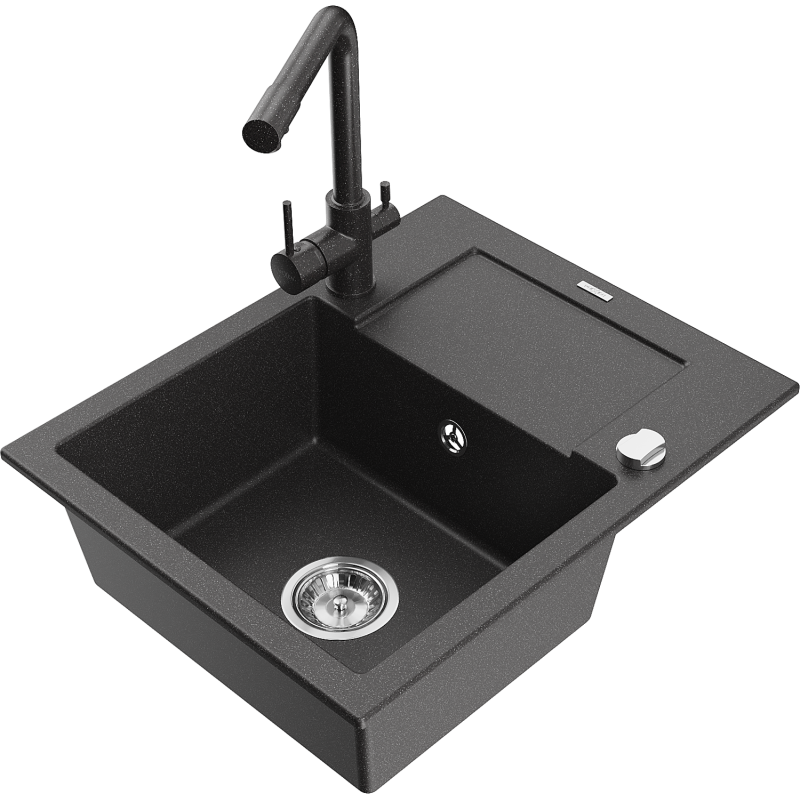 Mexen Enzo fregadero de granito de 1 cubeta con escurridor y grifo de cocina Duero, negro moteado - 6506-76-671600-76