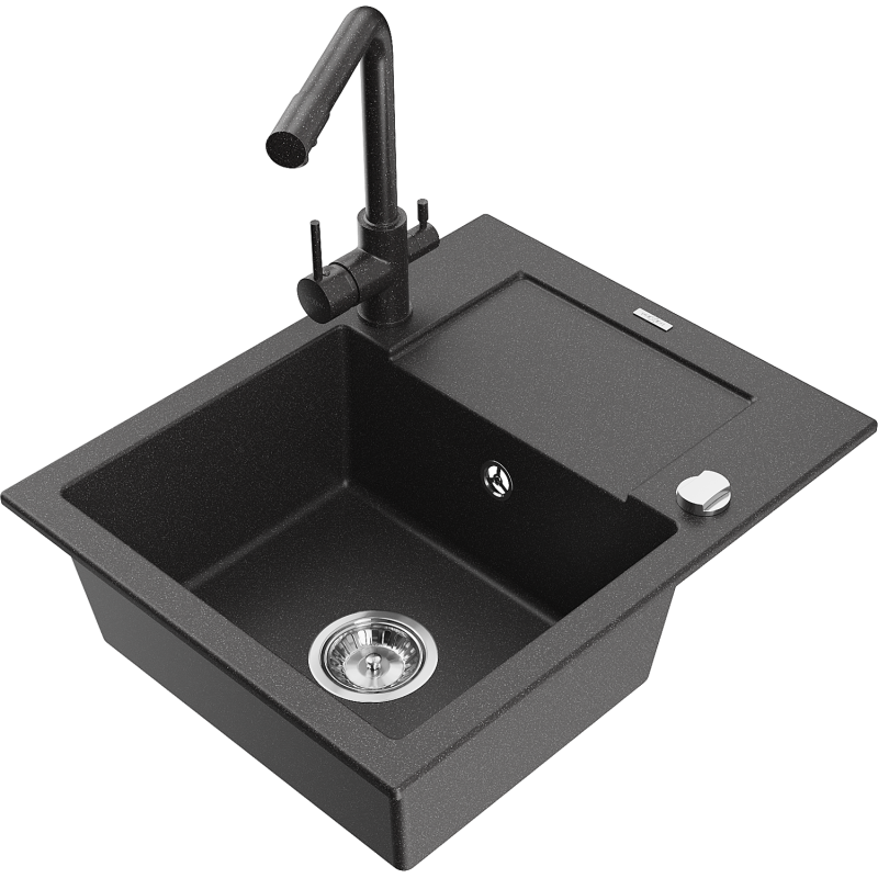 Mexen Enzo Granite Kitchen Sink 1-Bowl with Drainer and Duero Kitchen Tap, Black Speckled - 6506-76-671600-76