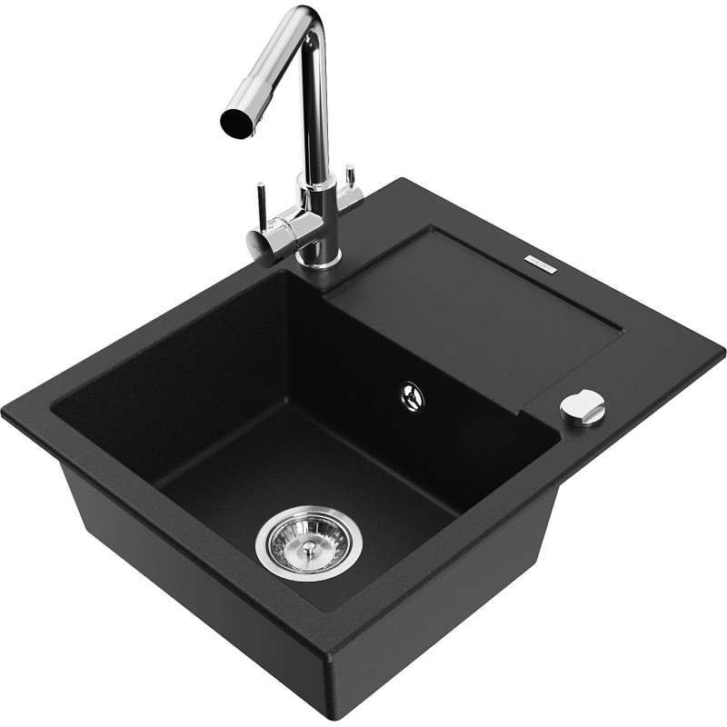 Mexen Enzo fregadero de granito de 1 seno con escurridor y grifo de cocina Duero, negro - 6506-77-671600-00