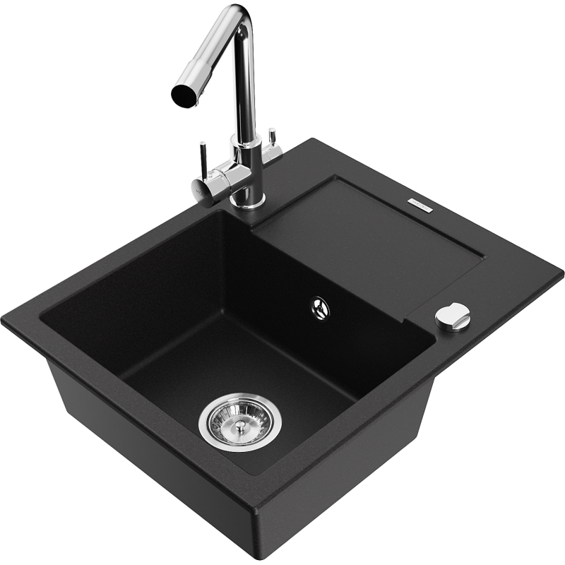 Mexen Enzo granitdiskbänk med 1 fack med avrinningsyta och köksblandare Duero, svart - 6506-77-671600-00