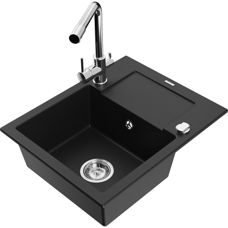 Mexen Enzo granite kitchen sink 1-bowl with drainer and kitchen faucet Duero, black - 6506-77-671600-00