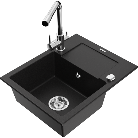 Mexen Enzo granite sink 1-bowl with drainer and Duero kitchen tap, black - 6506-77-671600-00