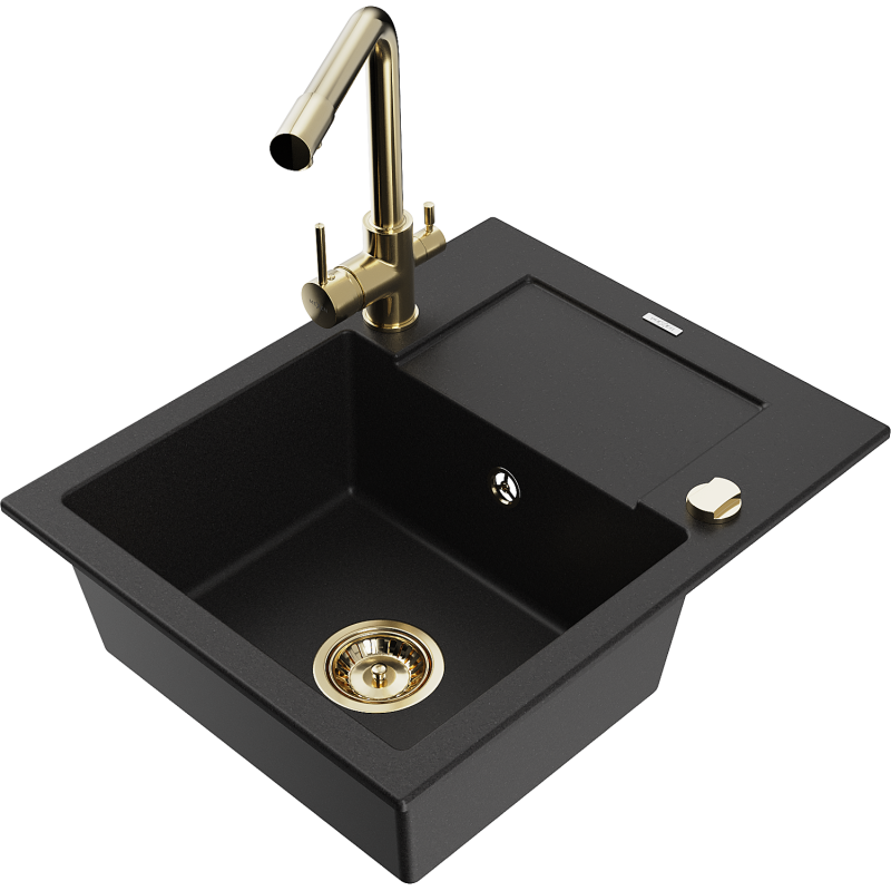 Mexen Enzo 1-bowl granite sink with drainer and Duero kitchen tap, black - 6506-77-671600-50