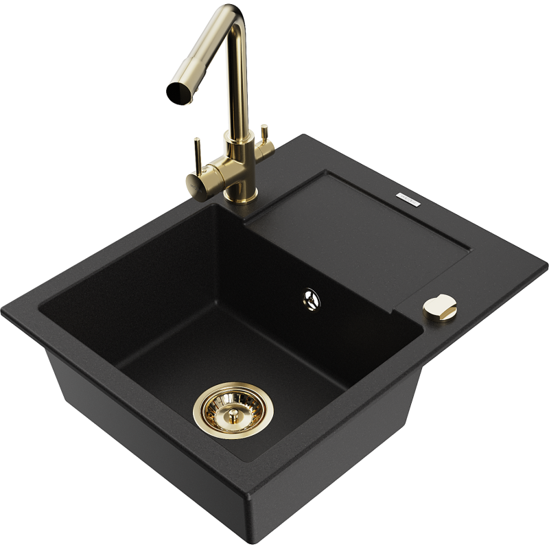 Mexen Enzo fregadero de granito de un seno con escurridor y grifo de cocina Duero, negro - 6506-77-671600-50