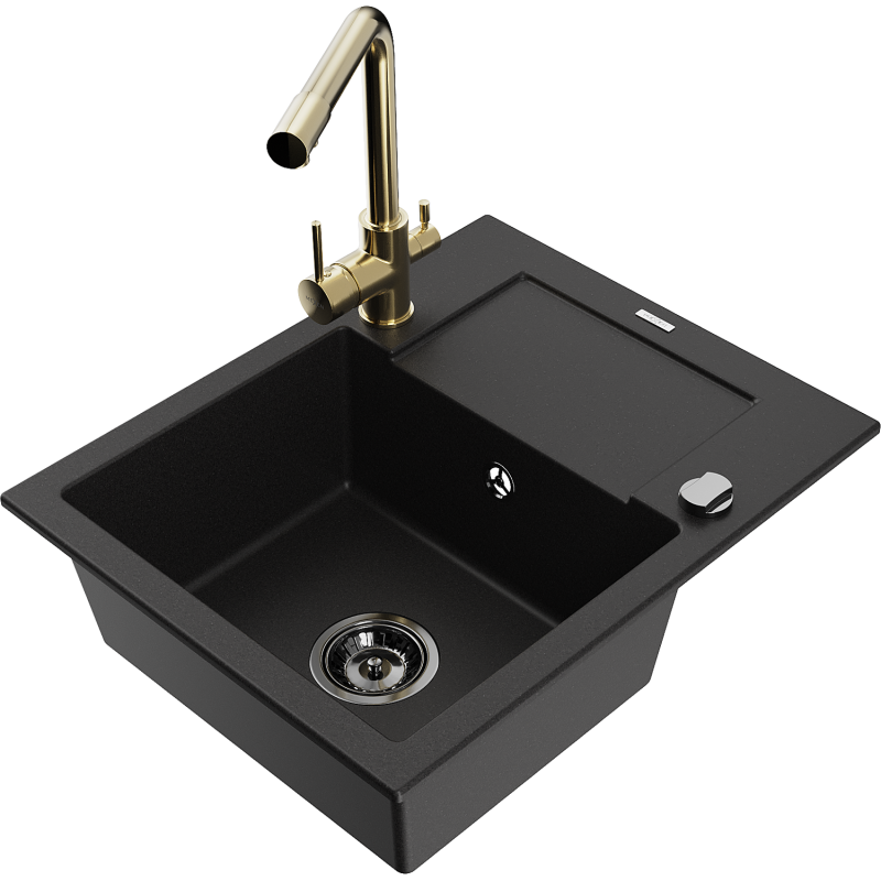 Mexen Enzo fregadero de granito de 1 seno con escurridor y grifo de cocina Duero, negro - 6506-77-671600-50-B