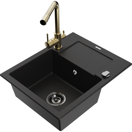 Mexen Enzo évier en granit 1 bac avec égouttoir et robinet de cuisine Duero, noir - 6506-77-671600-50-B