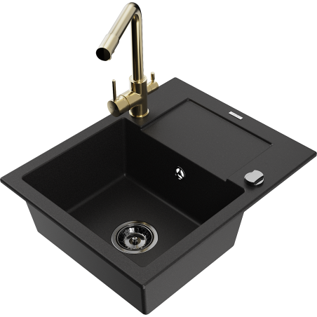 Mexen Enzo fregadero de granito de 1 seno con escurridor y grifo de cocina Duero, negro - 6506-77-671600-50-B