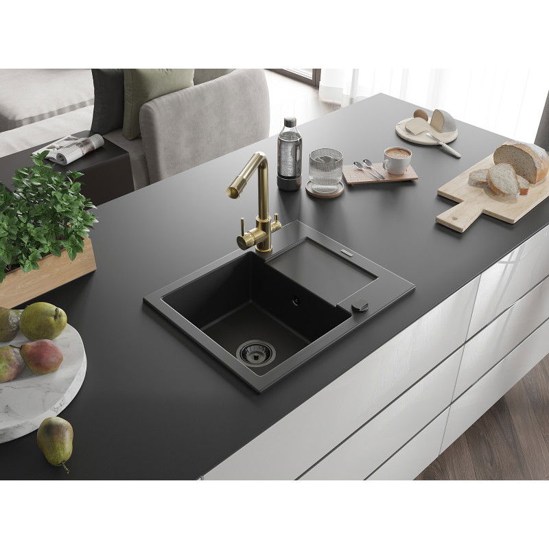 Mexen Enzo 1-Kammer-Graniteinbauspüle mit Tropffläche und Küchenarmatur Duero, schwarz - 6506-77-671600-50-B