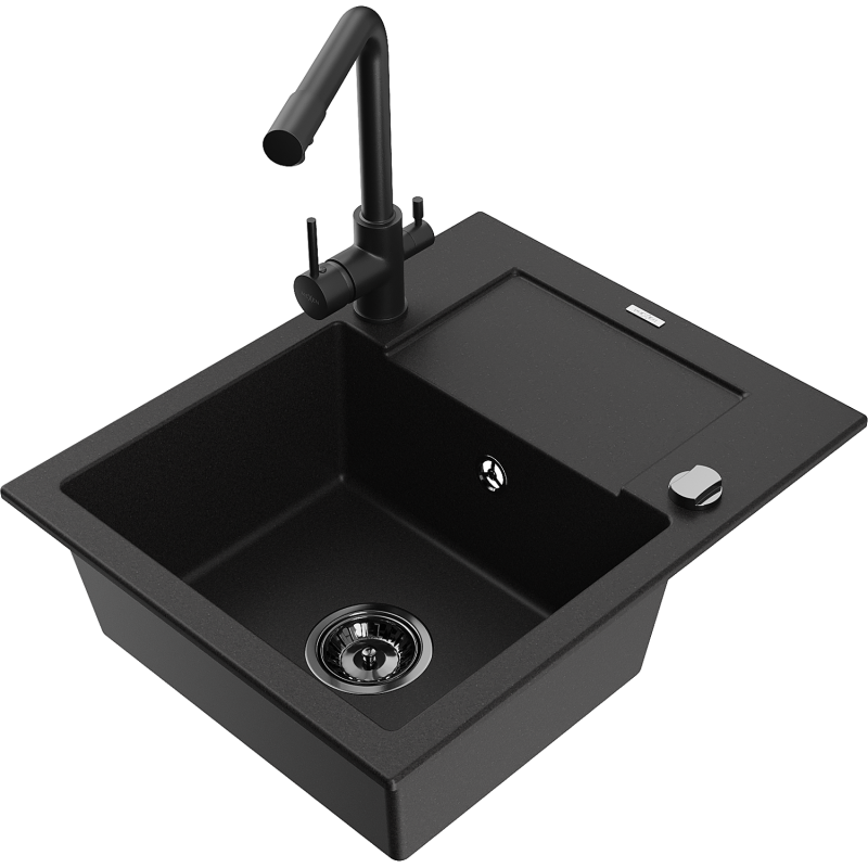 Mexen Enzo fregadero de granito de 1 seno con escurridor y grifo de cocina Duero, negro - 6506-77-671600-70-B