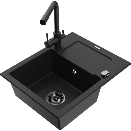 Mexen Enzo fregadero de granito de 1 seno con escurridor y grifo de cocina Duero, negro - 6506-77-671600-70-B