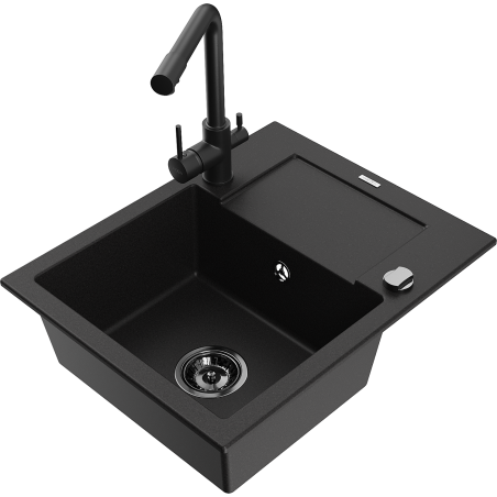 Mexen Enzo granite kitchen sink 1-bowl with drainer and kitchen faucet Duero, black - 6506-77-671600-70-B