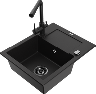 Mexen Enzo granite kitchen sink 1-bowl with drainer and kitchen faucet Duero, black - 6506-77-671600-70-B