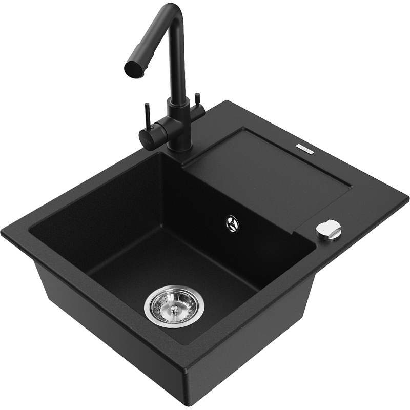Mexen Enzo fregadero de granito de 1 cubeta con escurridor y grifo de cocina Duero, negro - 6506-77-671600-70