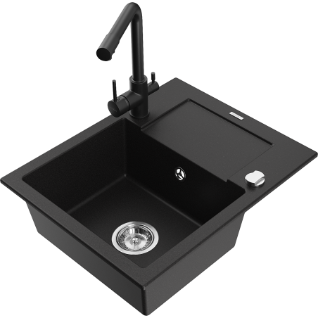 Mexen Enzo fregadero de granito de 1 cubeta con escurridor y grifo de cocina Duero, negro - 6506-77-671600-70