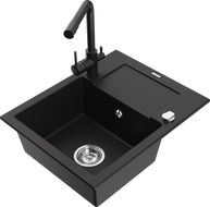 Mexen Enzo granite kitchen sink 1-bowl with drainer and Duero kitchen tap, black - 6506-77-671600-70