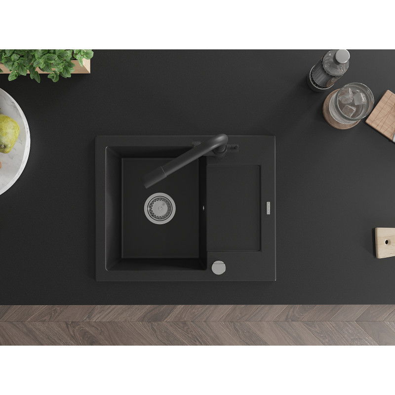 Mexen Enzo fregadero de granito de 1 cubeta con escurridor y grifo de cocina Duero, negro - 6506-77-671600-70