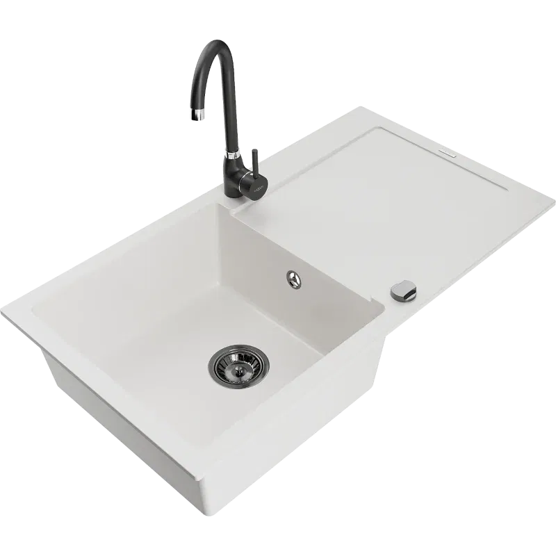 Mexen Leo évier en granit 1 bac avec égouttoir et robinet de cuisine Telma, blanc - 6501-20-670200-70