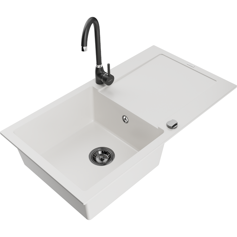 Mexen Leo fregadero de granito de 1 cubeta con escurridor y grifo de cocina Telma, blanco - 6501-20-670200-70