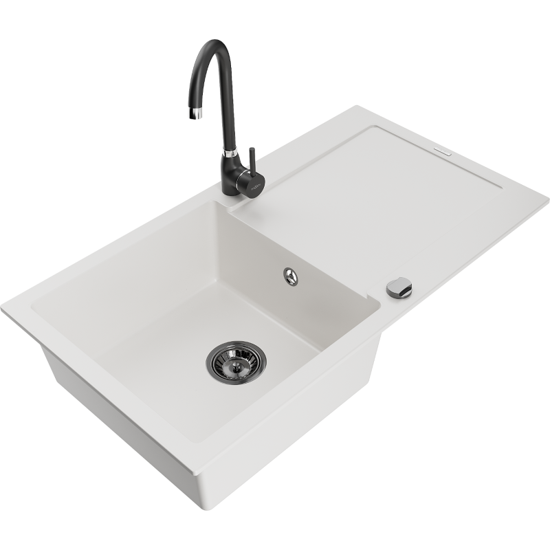 Mexen Leo lava-loiça de granito 1-cuba com escorredor e torneira de cozinha Telma, branco - 6501-20-670200-70