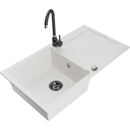 Mexen Leo évier en granit 1 bac avec égouttoir et robinet de cuisine Telma, blanc - 6501-20-670200-70