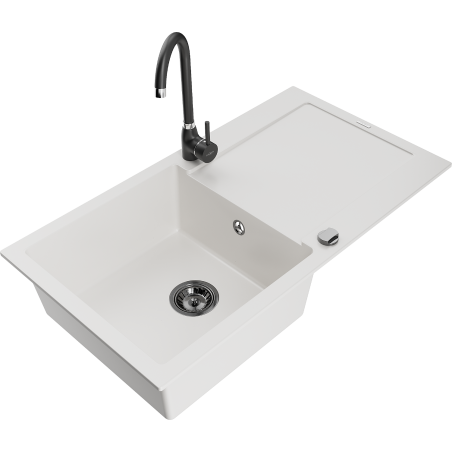 Mexen Leo fregadero de granito de 1 cubeta con escurridor y grifo de cocina Telma, blanco - 6501-20-670200-70