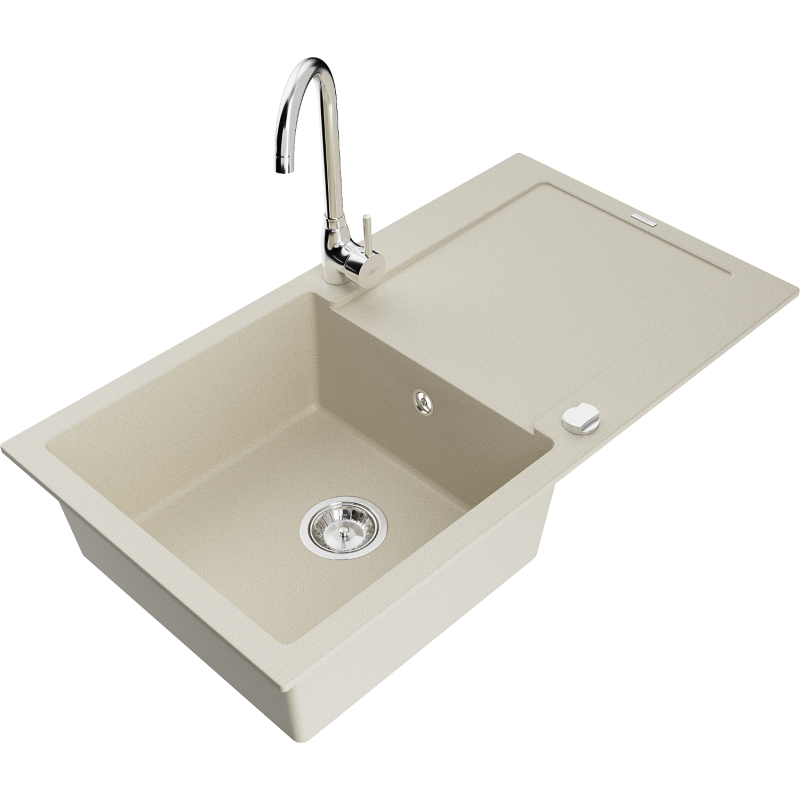 Mexen Leo lavello in granito 1 vasca con gocciolatoio e rubinetto da cucina Telma, beige - 6501-69-670200-00