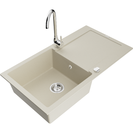 Mexen Leo lavello in granito 1 vasca con gocciolatoio e rubinetto da cucina Telma, beige - 6501-69-670200-00