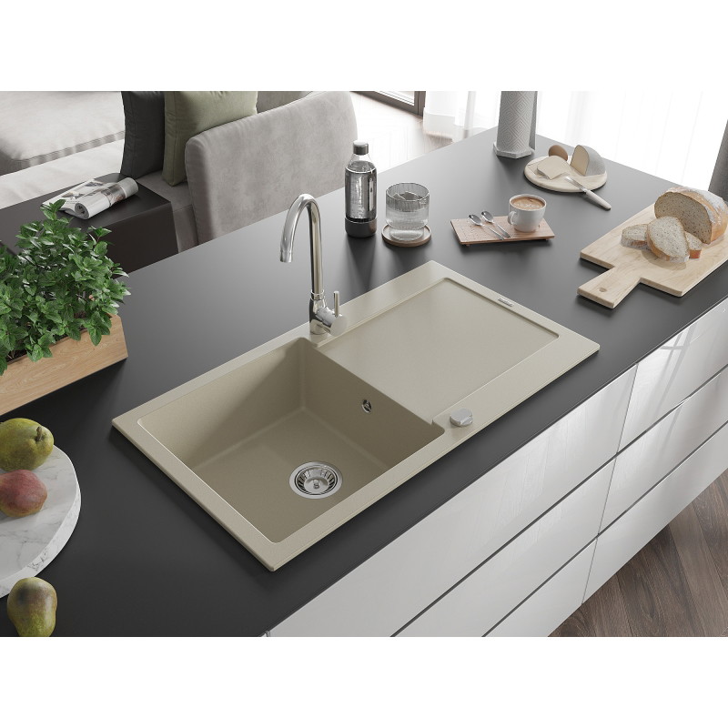 Mexen Leo granit gootsteen 1-kamer met afdruiprek en keukenmengkraan Telma, beige - 6501-69-670200-00