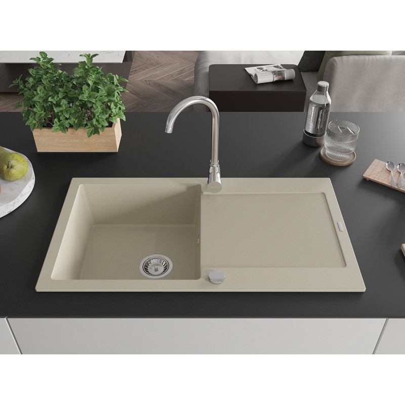 Mexen Leo Granitspüle 1-Becken mit Abtropffläche und Küchenarmatur Telma, beige - 6501-69-670200-00