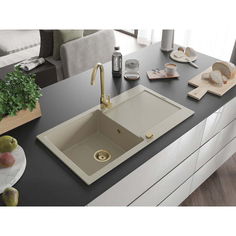 Mexen Leo évier en granit à 1 bac avec égouttoir et robinet de cuisine Telma, beige - 6501-69-670200-50
